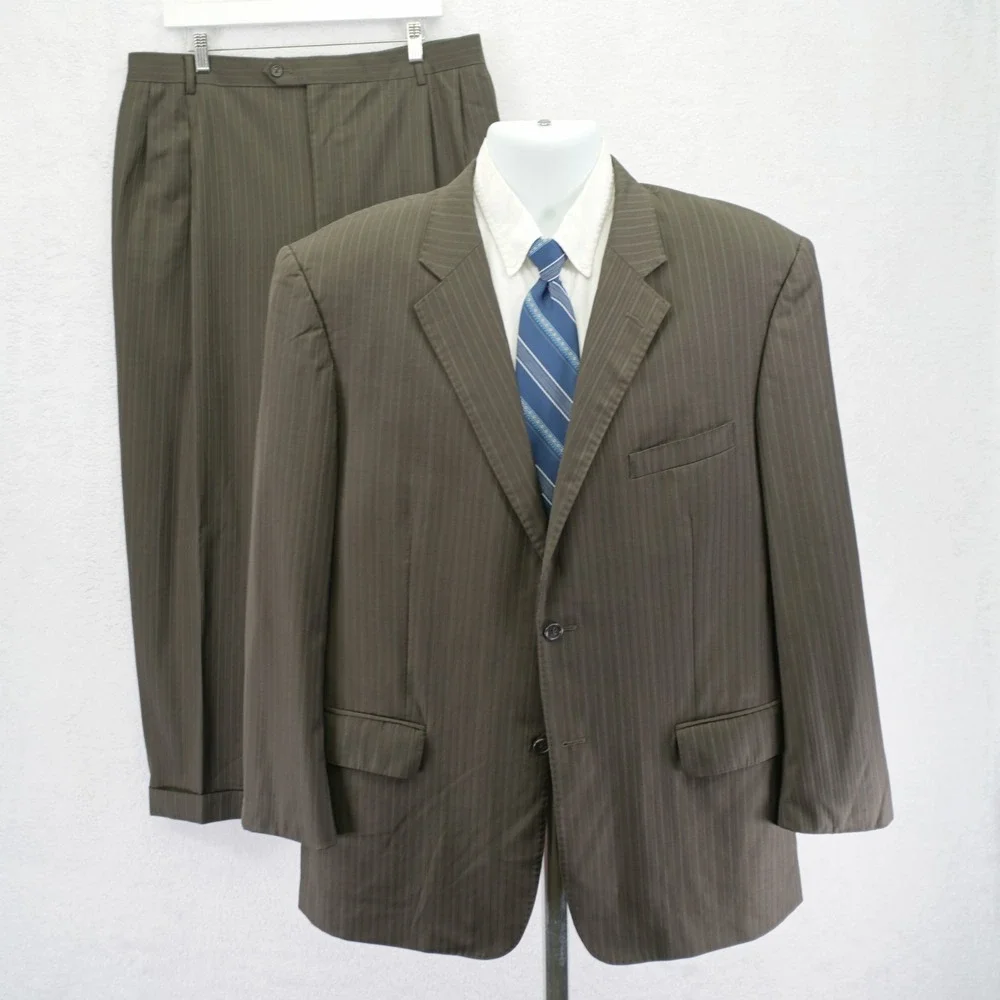 Pronto Uomo Couture Super 120s Wool Green Striped 2 Piece‎ Suit 44R 36 / 27
